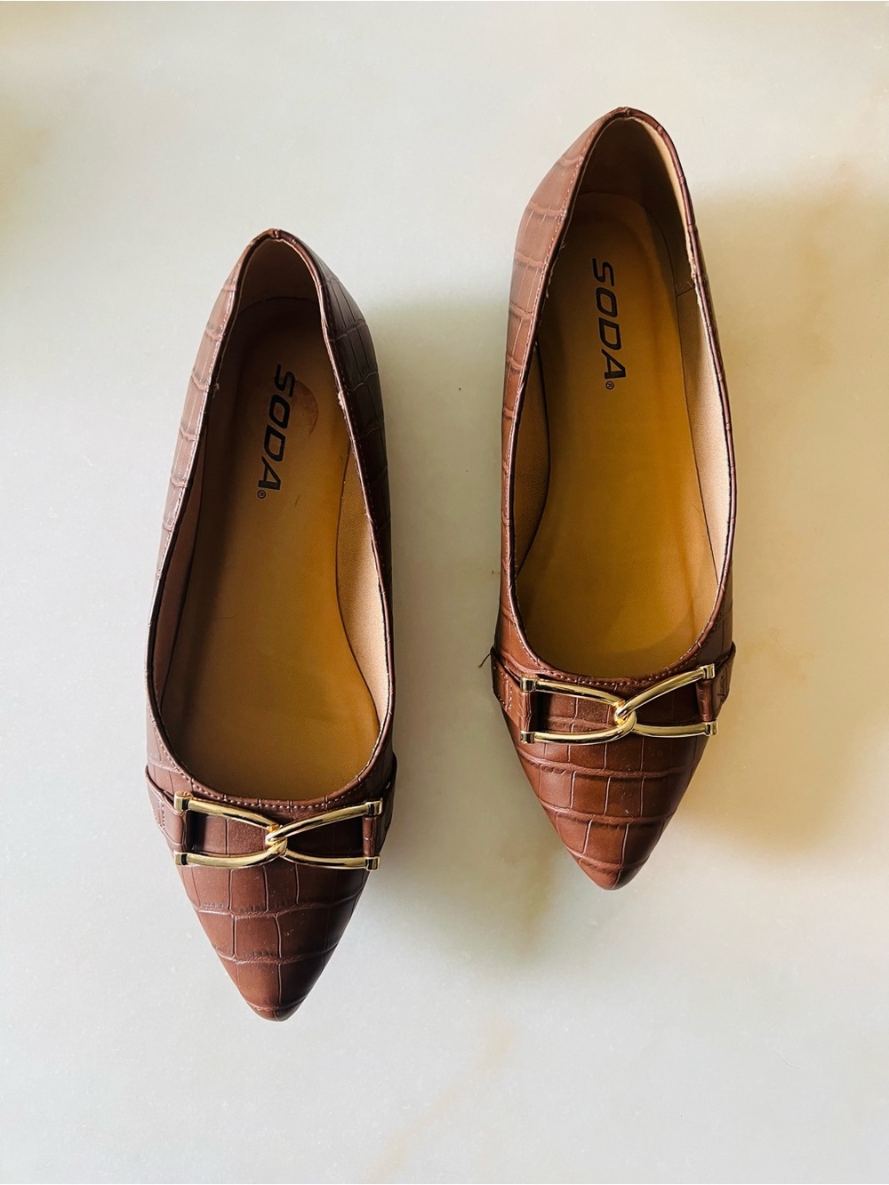 SODA Brown Croc-Embossed Pointed Flats with Gold Buckle - Picture 1 of 4